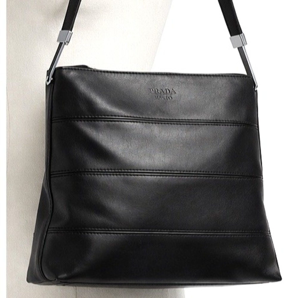 Prada Vitello Leather Shoulder Bag Black Y2K Minimalist Handbag Purse Vintage